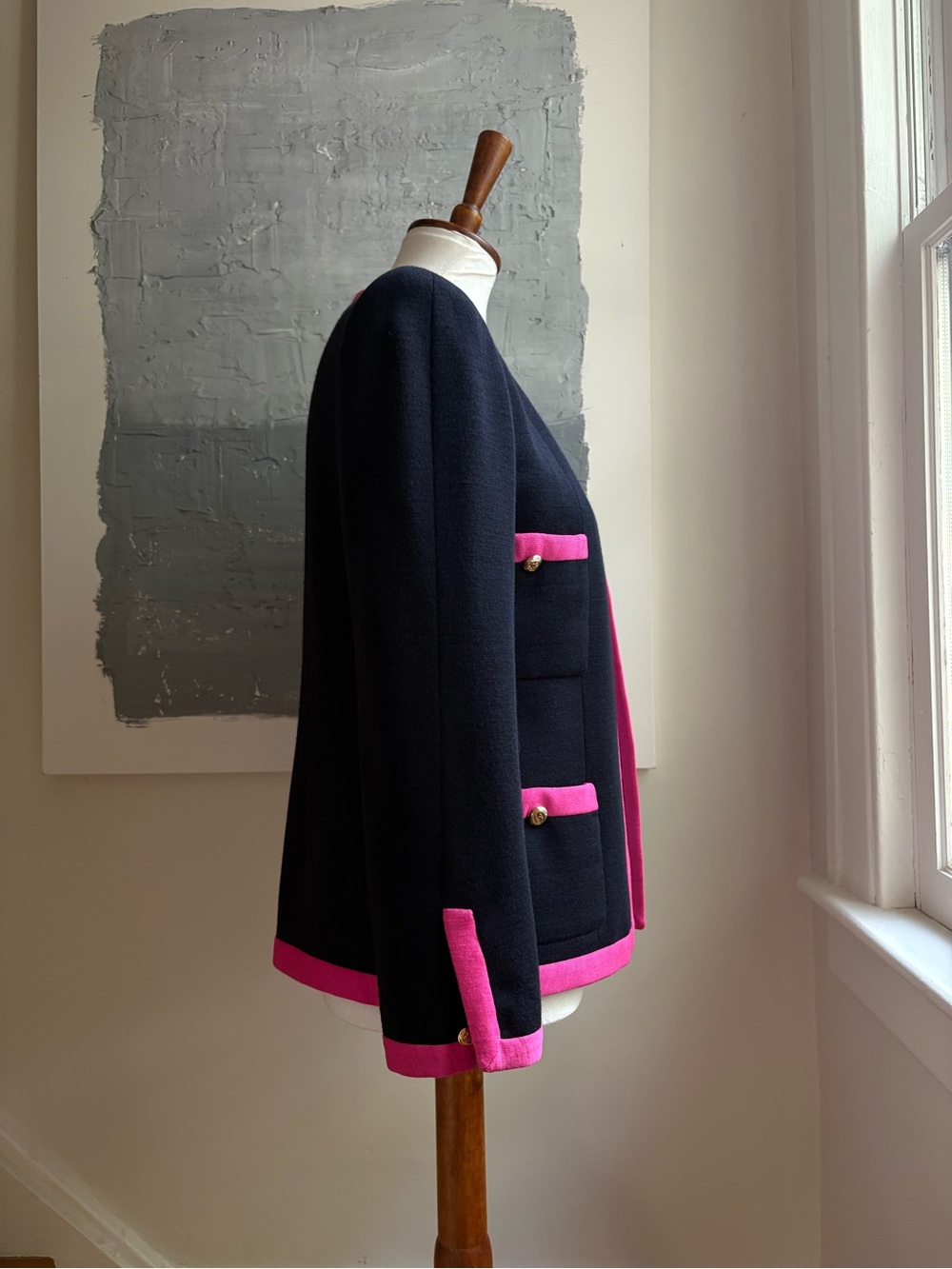 CHANEL 90s Black and Barbie Pink Wool Knit Jacket FR 36 US 4 Karl Lagerfeld - Picture 2 of 14